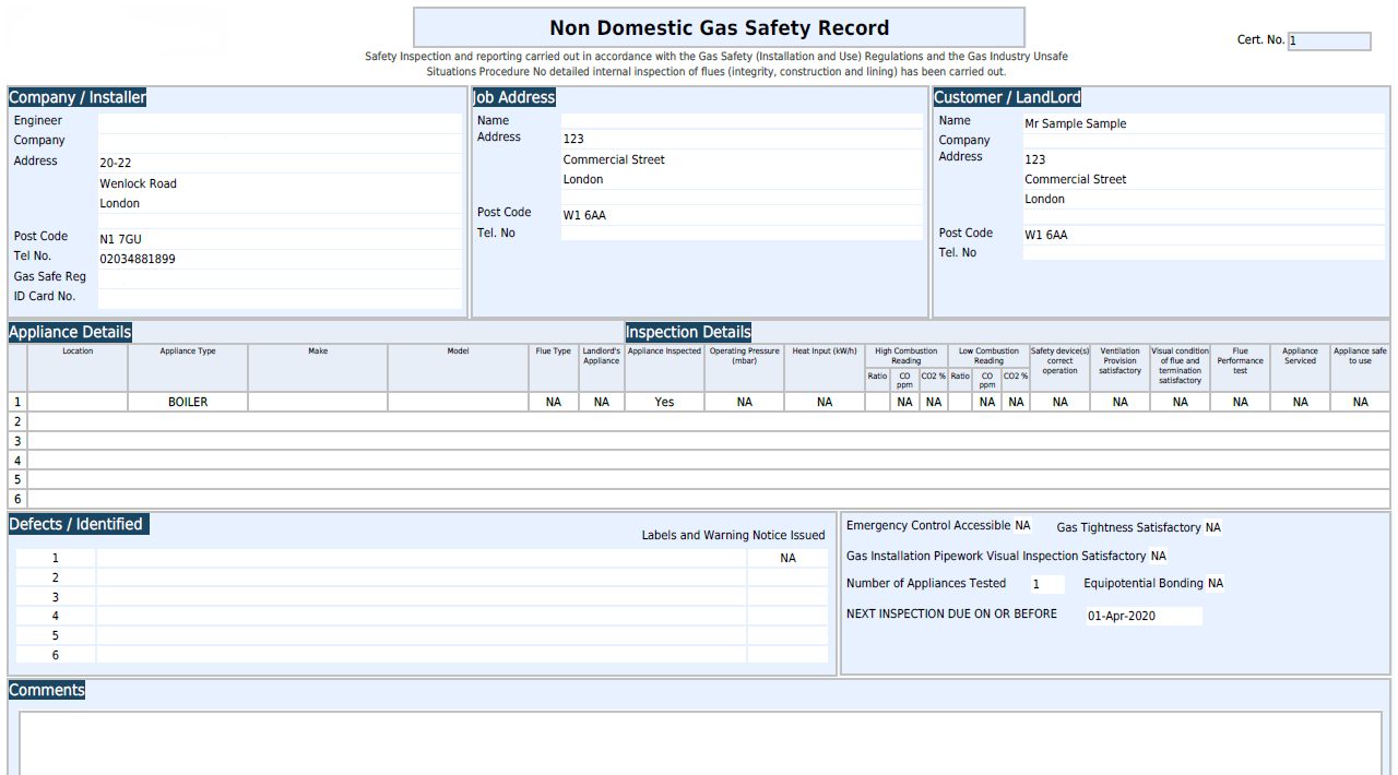 Commercial Gas Certificates London
