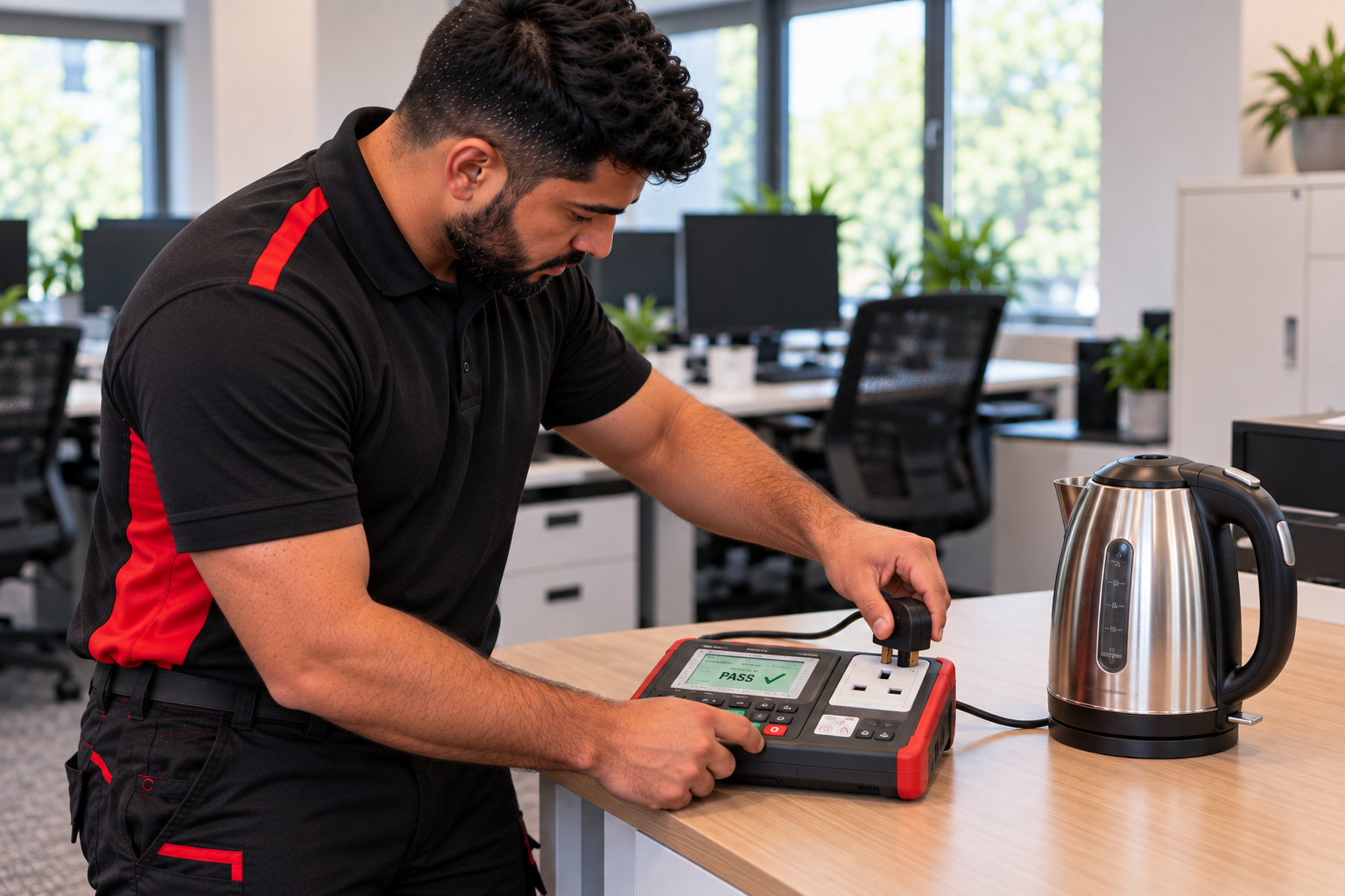 An Engineer carrying out a PAT Testing in an office in London<br />

