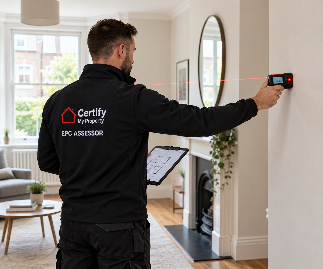 Domestic energy assessor measuring the dimensions of a London residential property during an EPC assessment