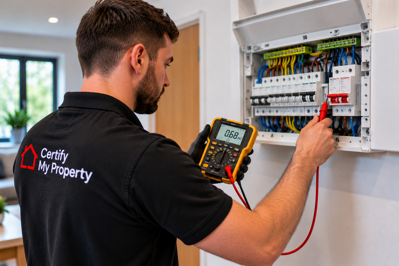 Electrician inspecting and testing a consumer unit during an EICR electrical safety inspection