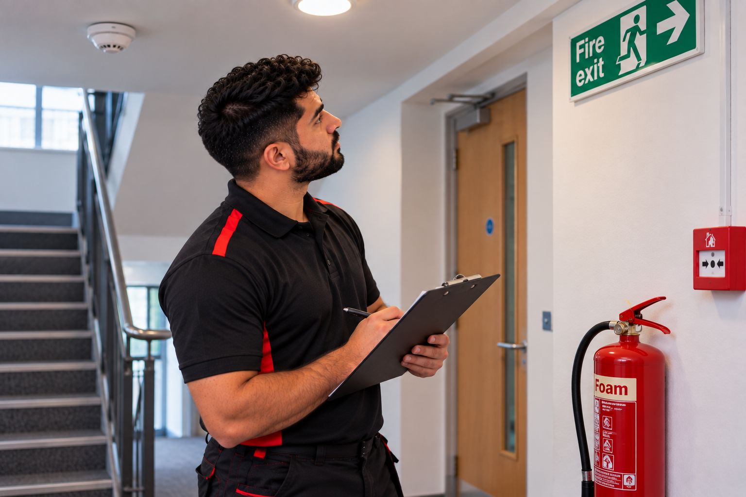 Fire Safety Inspection in a Modern Stairwell in a London Building for a Fire Risk Assessment
