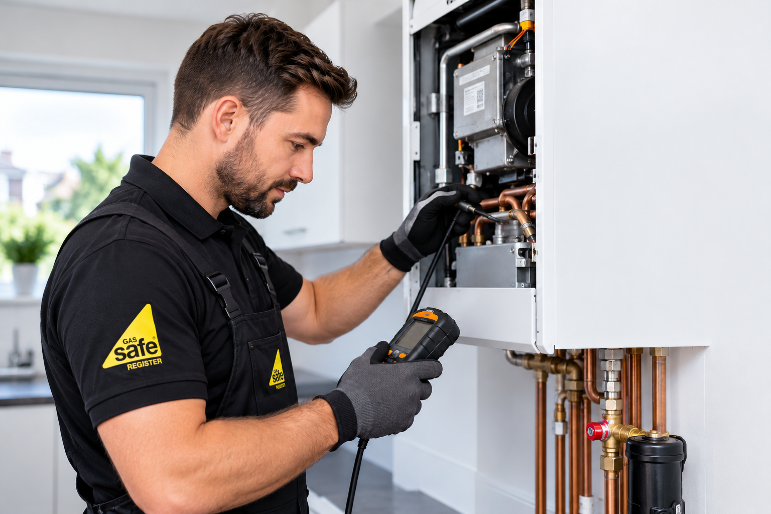 Gas Safe registered engineer inspecting a domestic boiler during a gas safety inspection in London