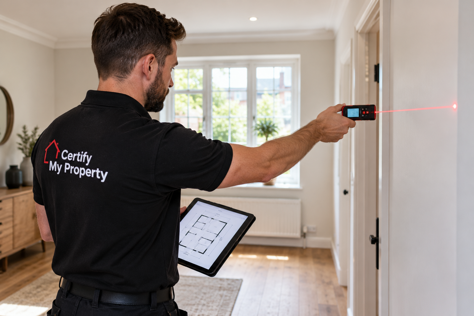 Domestic energy assessor carrying out an EPC assessment at a residential property in London