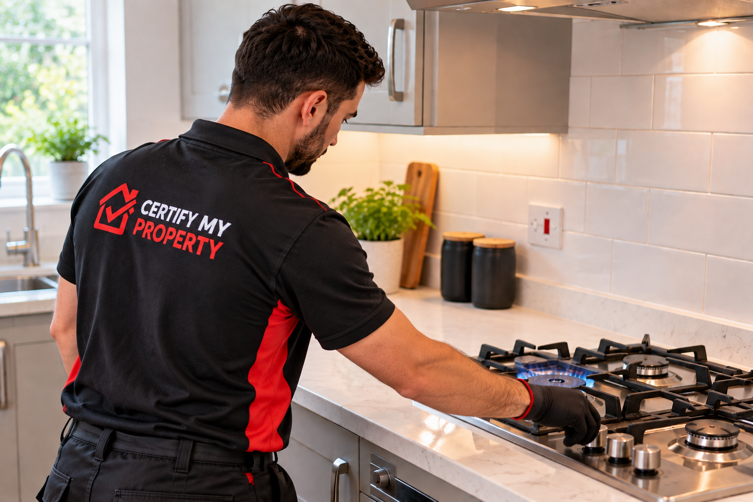 Technician Checking Gas Hob Safely for a Gas Safety Certificate<br />
