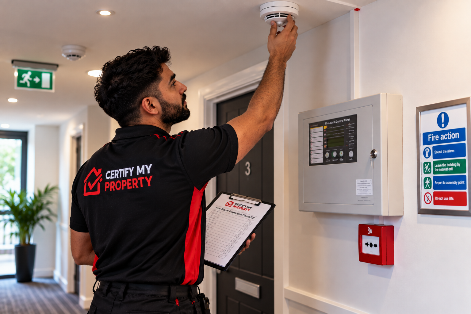 Technician Inspecting Fire Safety Systems for A Fire Alarm Certificate in London