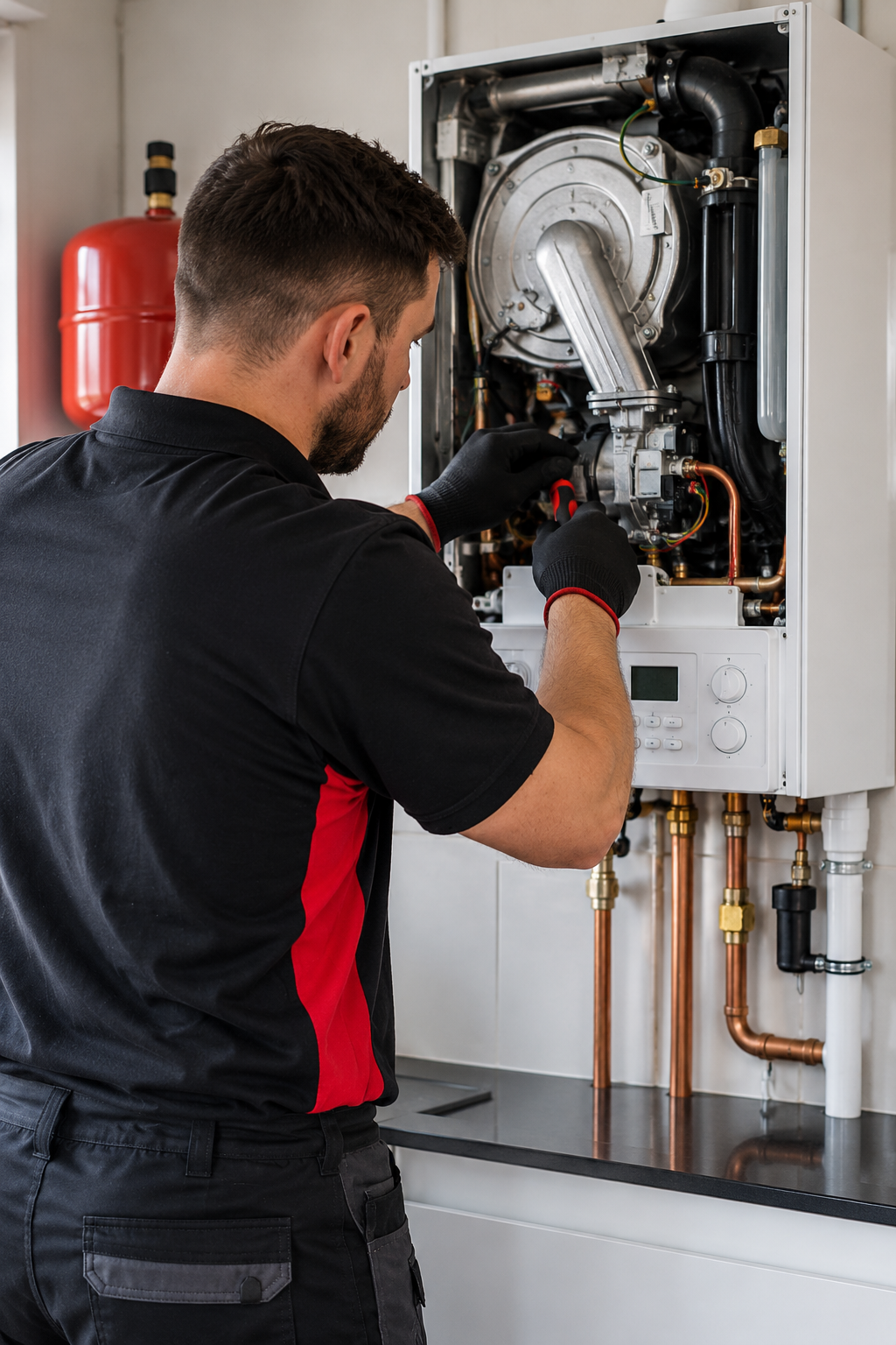 Gas Safe registered engineer carrying out an annual boiler service and safety inspection